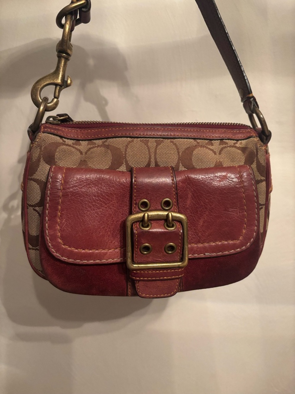 Coach Signature Canvas and Red Leather Shoulder Y2K Buckle Bag - Picture 2 of 7